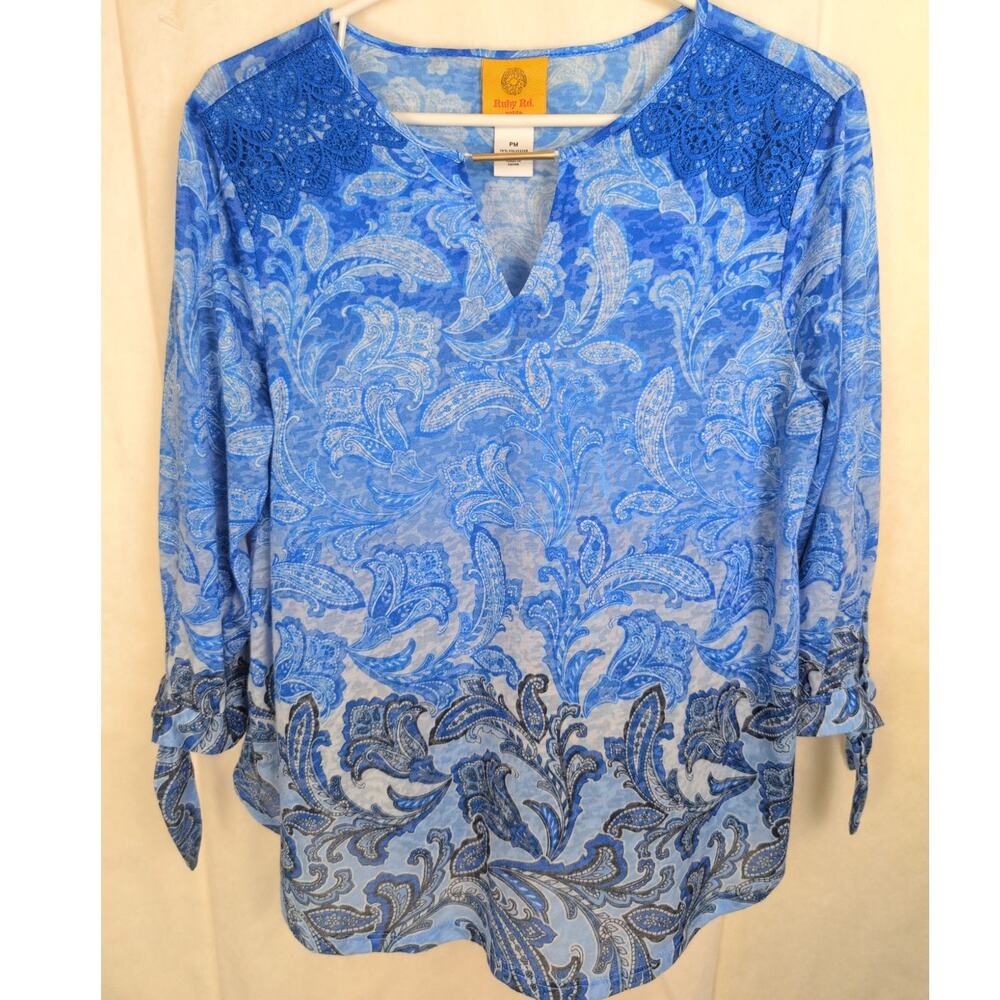 Ruby Rd petite blue paisley tie sleeve top Size Med Petite Boho Casual Artsy
